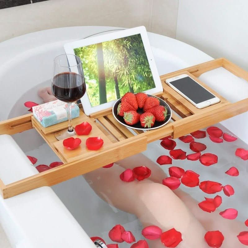 Solavera Bamboo Relax Tray | Extendable Bathtub Tray | Sustainable & Elegant | With Glass & Book Holder for Spa Enjoyment at Home