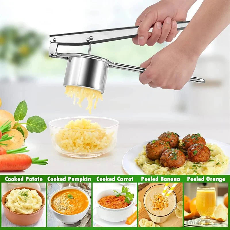 SQUEEZO – Stainless Steel Potato Press with 3 Discs for Perfect Purees & Juices