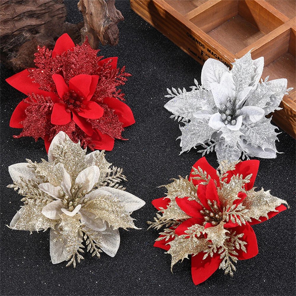 GLOWPETAL – 14.5 cm large sparkling Christmas flowers in pink, red, and gold
