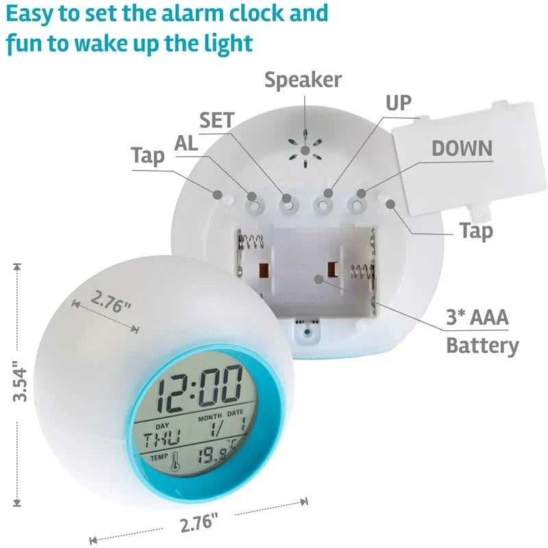 KIDDOALERT – Children's Alarm Clock with 7-Color Night Light & Snooze Function for Healthy Sleep Behavior