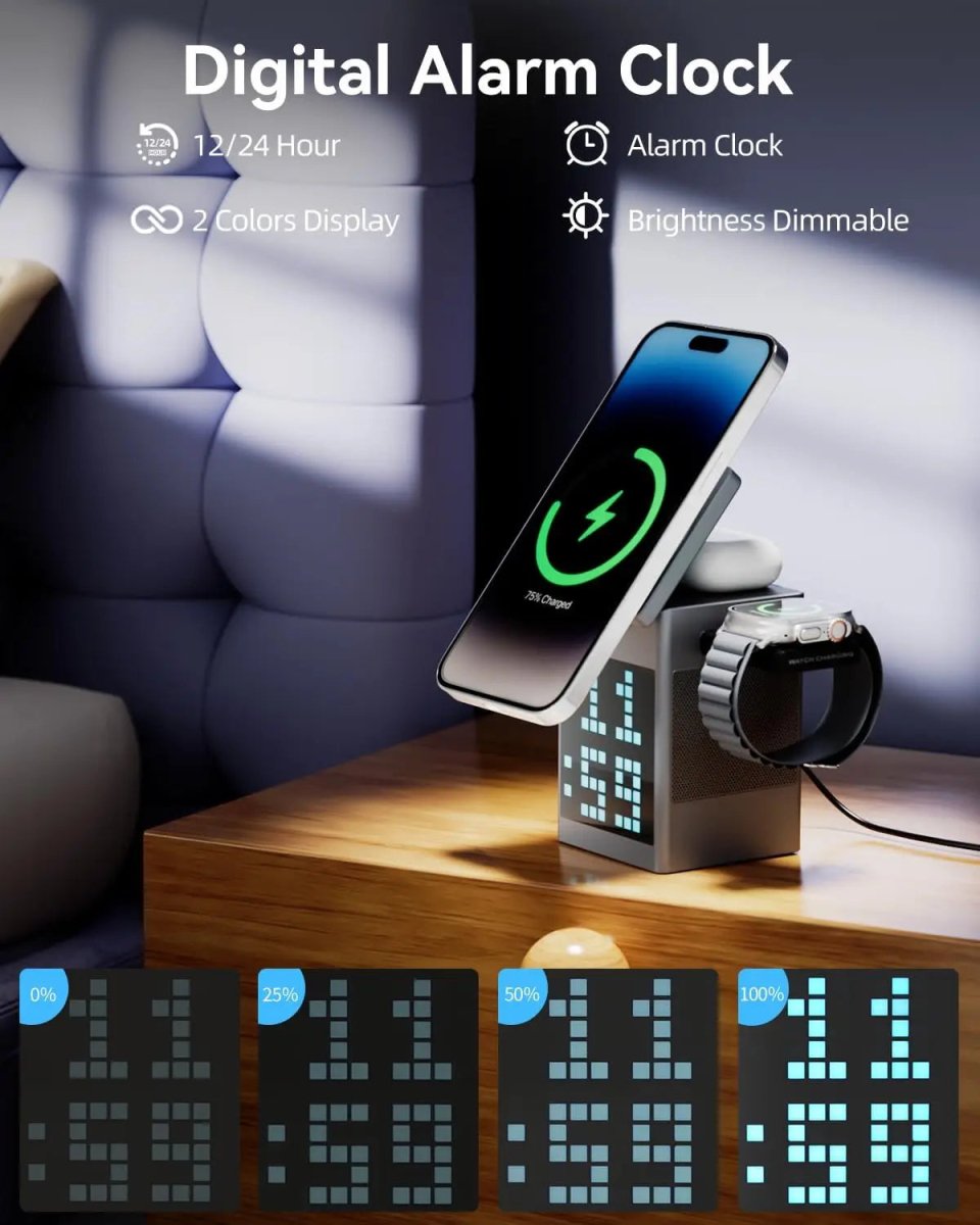 PIXTORQ 3-in-1 Wireless Charger with Bluetooth Speaker and LED Clock Display