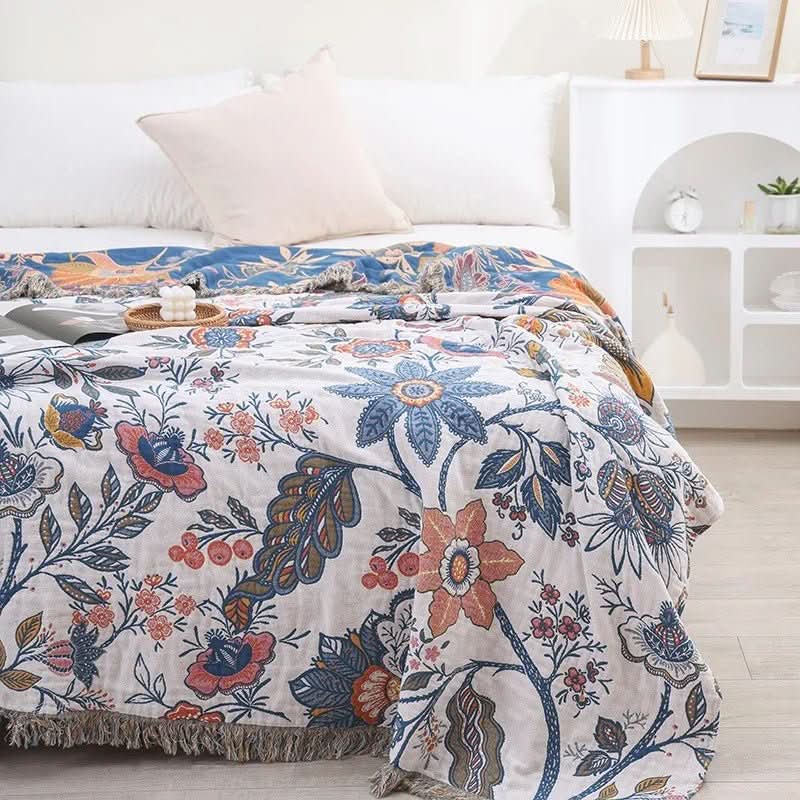 CottonBloom Blanket – Rustic Cotton Blanket with Floral Pattern, Reversible Design