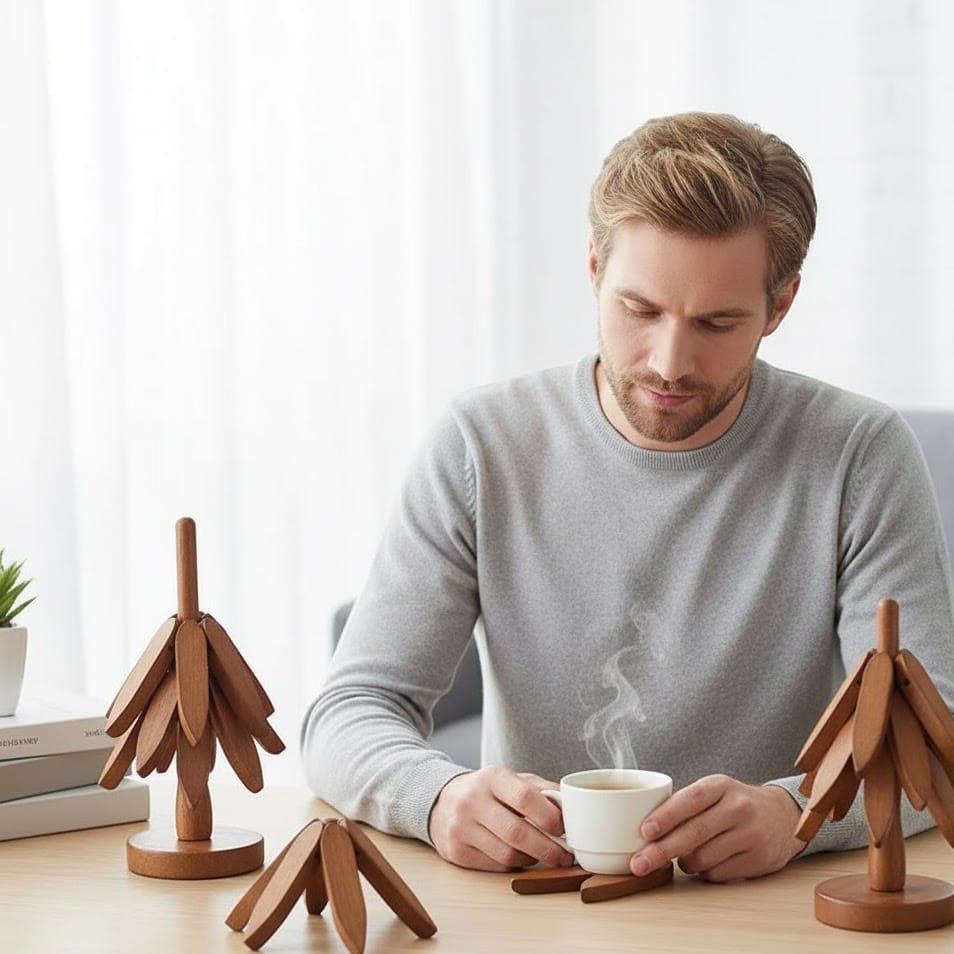 WOODBRAID – 4-piece coaster & pot holder set with bamboo tree design