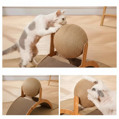 SCRATCHORA – 2-in-1 Cat Scratch Ball with Natural Sisal Board and Wooden Platform