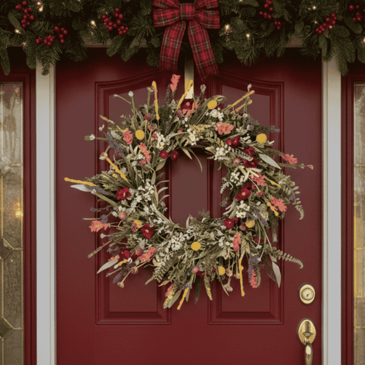 FLORASPIRE – Lush decorative door wreath with realistic blossoms & year-round charm