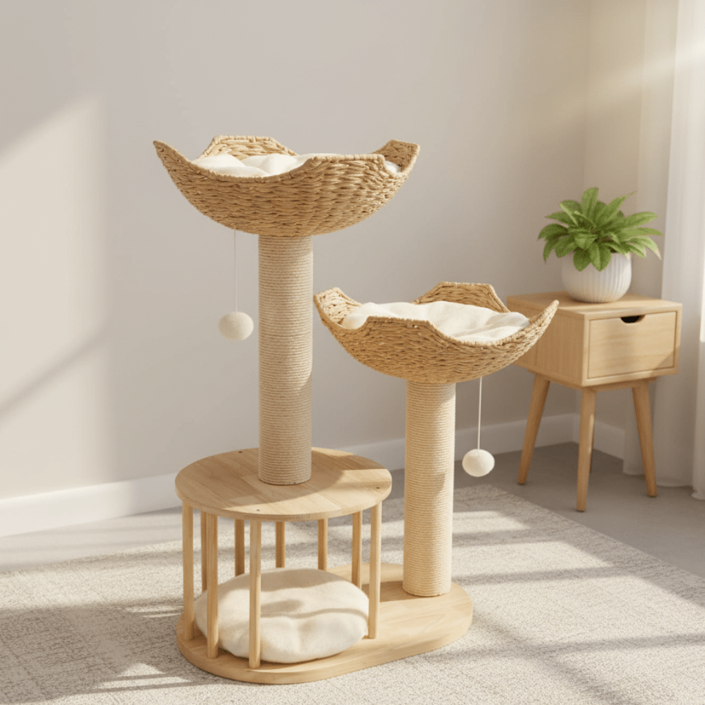 TRICATLOFT – Three-level plush cat tree with sturdy sisal scratching posts