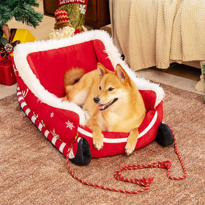 NOELTAIL – Christmas Sleigh Dog Bed with Plush Crystal Velvet and Non-Slip Bottom