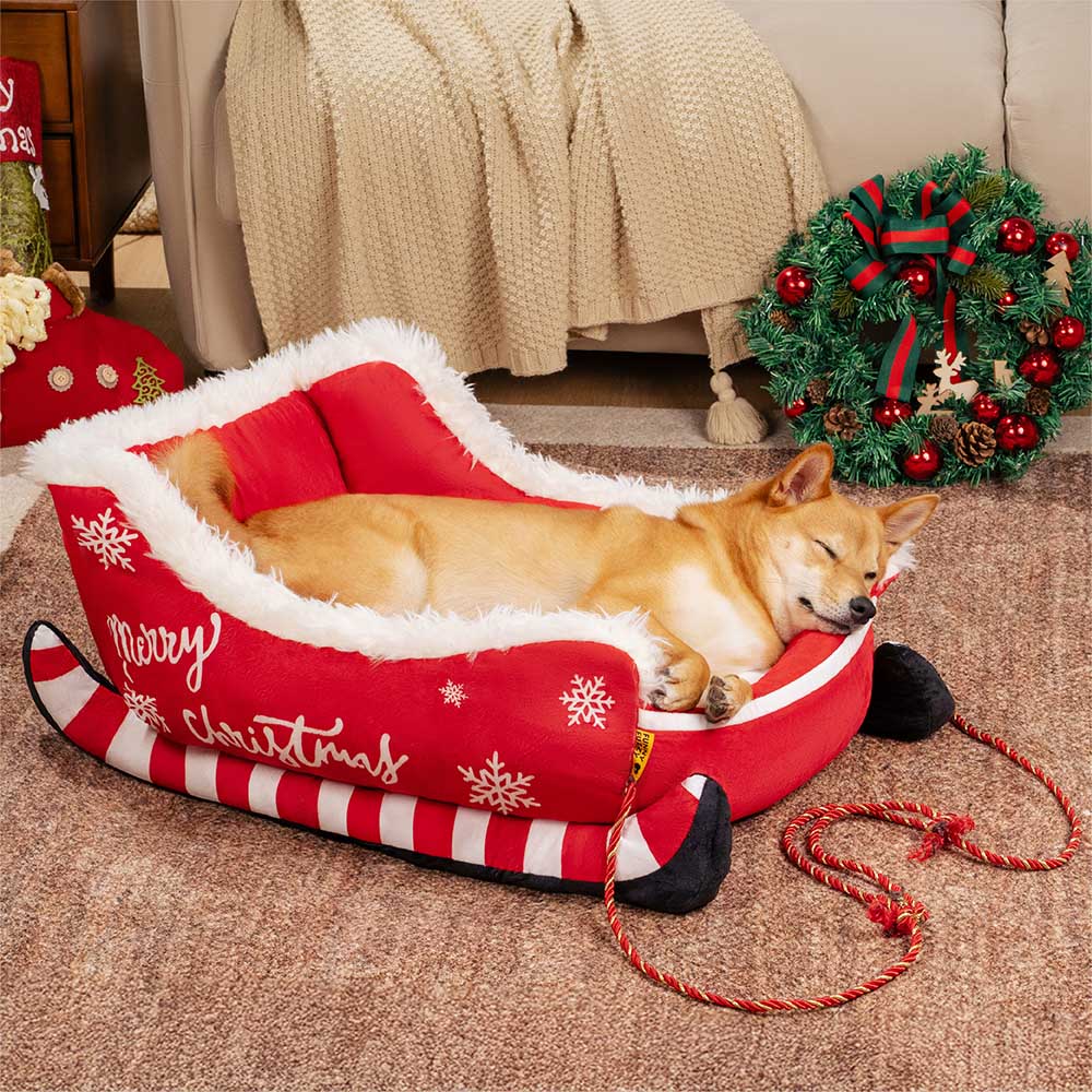 NOELTAIL – Christmas Sleigh Dog Bed with Plush Crystal Velvet and Non-Slip Bottom