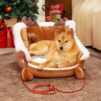 NOELTAIL – Christmas Sleigh Dog Bed with Plush Crystal Velvet and Non-Slip Bottom