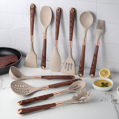 UTENSILIA – Elegant silicone utensil set with handles in wood design