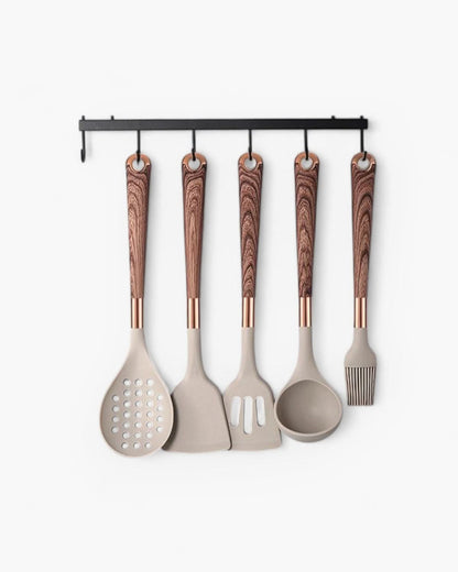 UTENSILIA – Elegant silicone utensil set with handles in wood design
