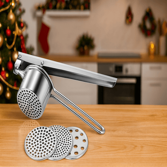 SQUEEZO – Stainless Steel Potato Press with 3 Discs for Perfect Purees & Juices