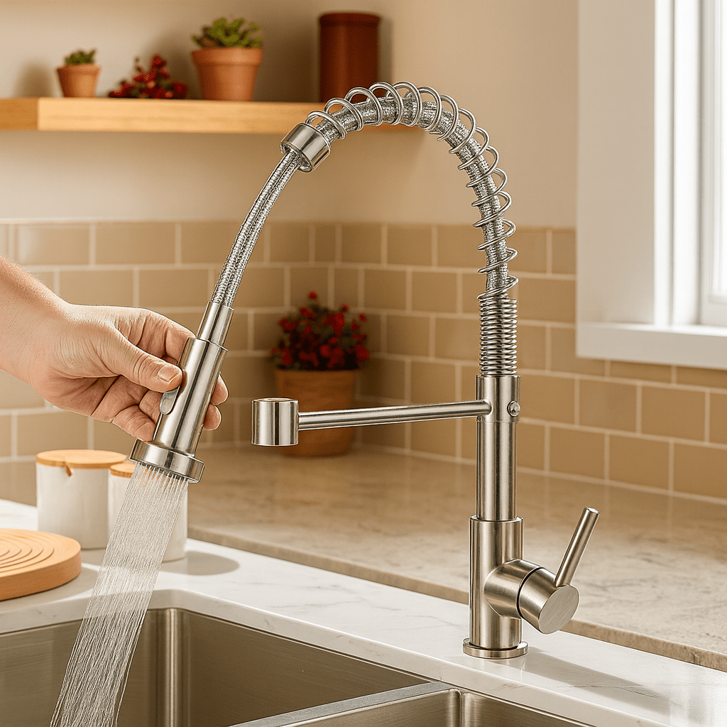 DUALFLOW Kitchen Tap - Modern kitchen tap with double spout & elegant black and gold finish