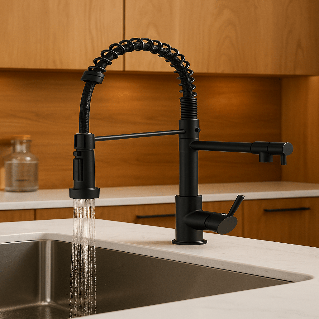DUALFLOW Kitchen Tap - Modern kitchen tap with double spout & elegant black and gold finish