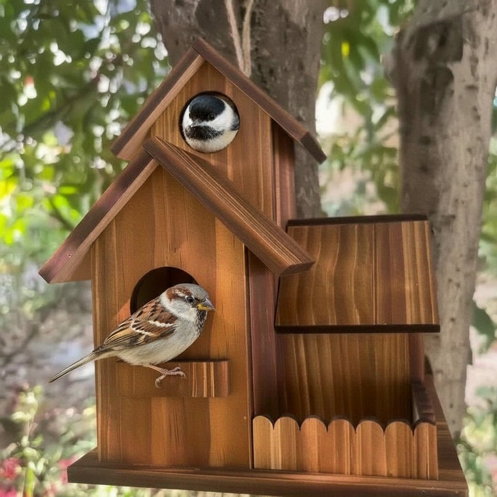 TIMBERROOST – Rustic birdhouse made of solid wood with multiple nesting chambers for outdoor use