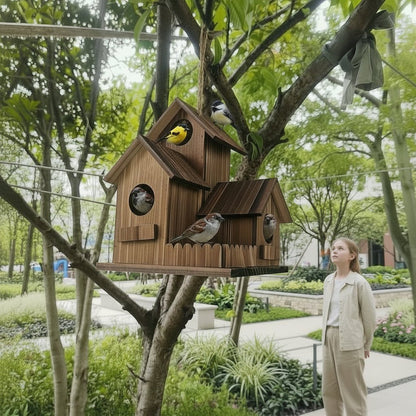TIMBERROOST – Rustic birdhouse made of solid wood with multiple nesting chambers for outdoor use