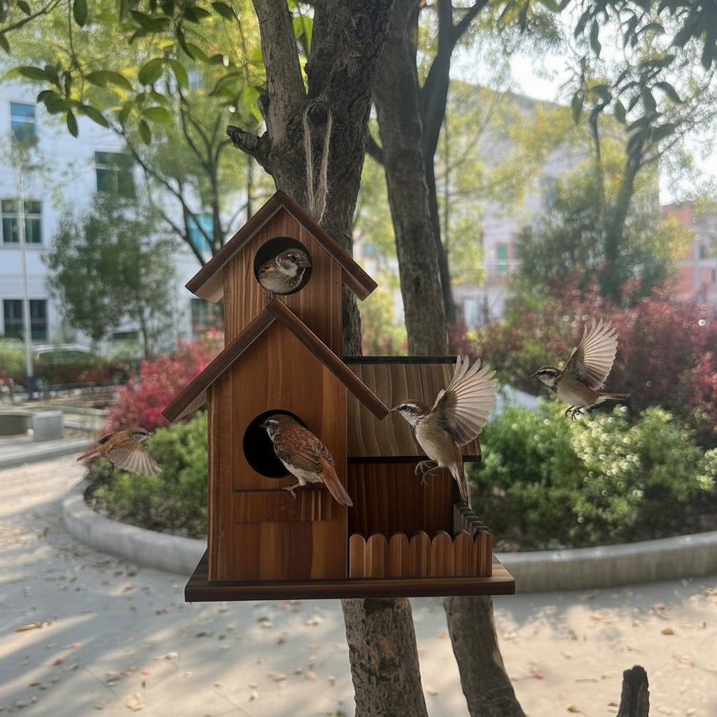 TIMBERROOST – Rustic birdhouse made of solid wood with multiple nesting chambers for outdoor use