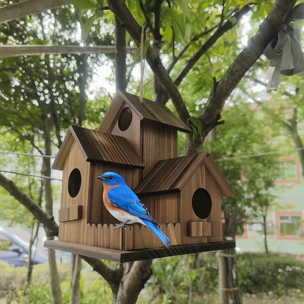 TIMBERROOST – Rustic birdhouse made of solid wood with multiple nesting chambers for outdoor use