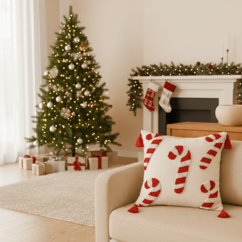 CANDICASE – Festive Christmas pillow cover with candy cane motif and soft polyester fabric