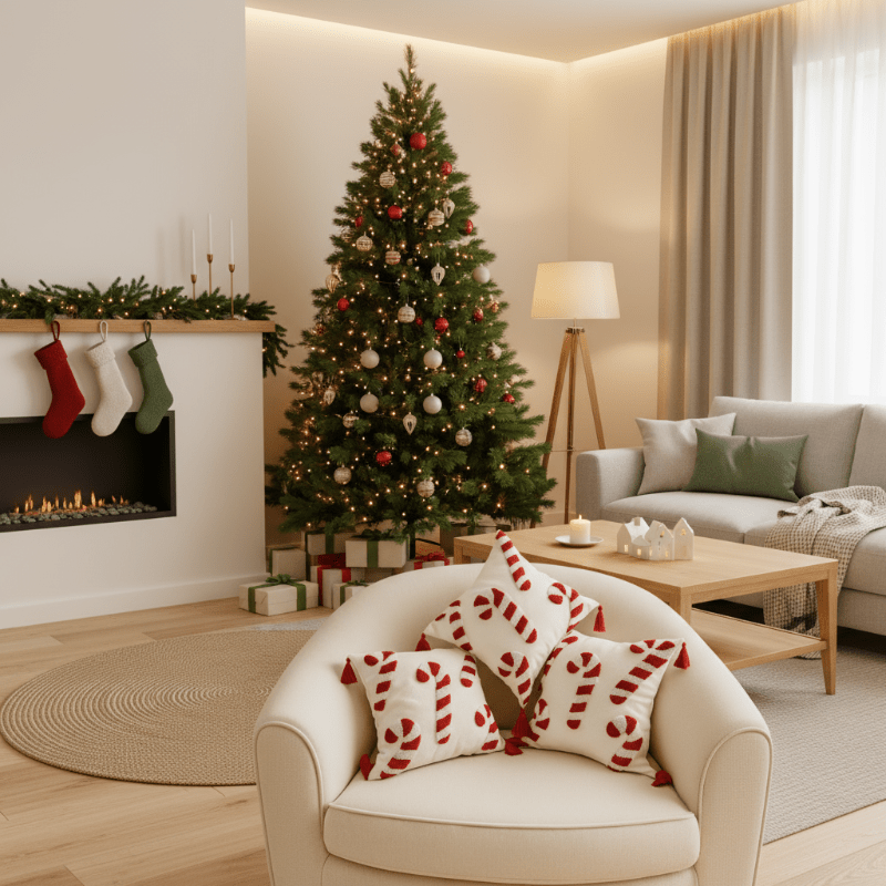 CANDICASE – Festive Christmas pillow cover with candy cane motif and soft polyester fabric