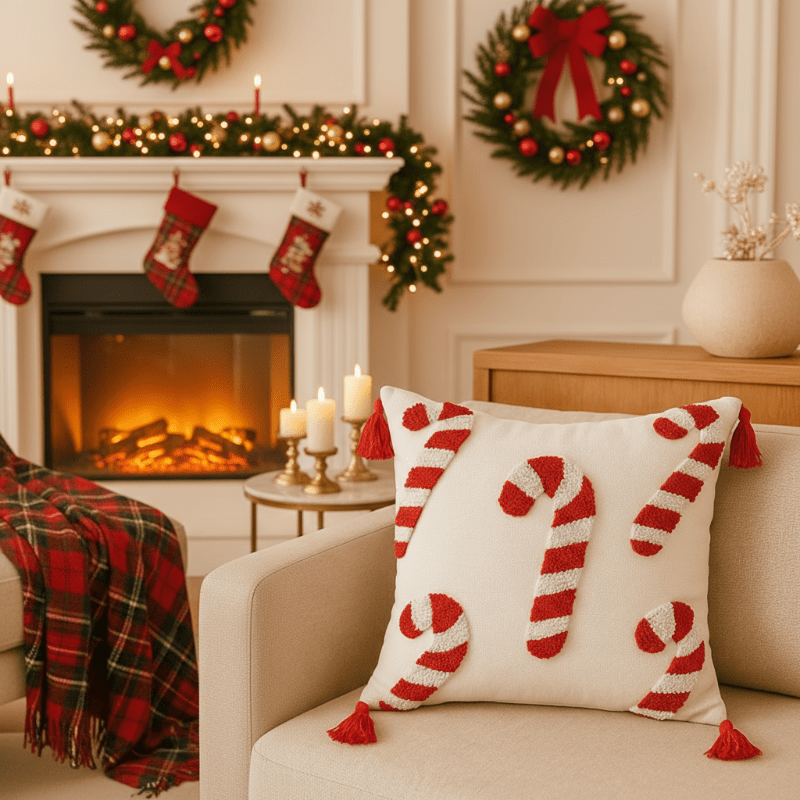CANDICASE – Festive Christmas pillow cover with candy cane motif and soft polyester fabric