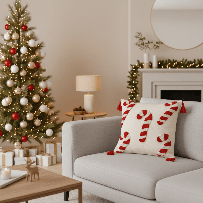 CANDICASE – Festive Christmas pillow cover with candy cane motif and soft polyester fabric