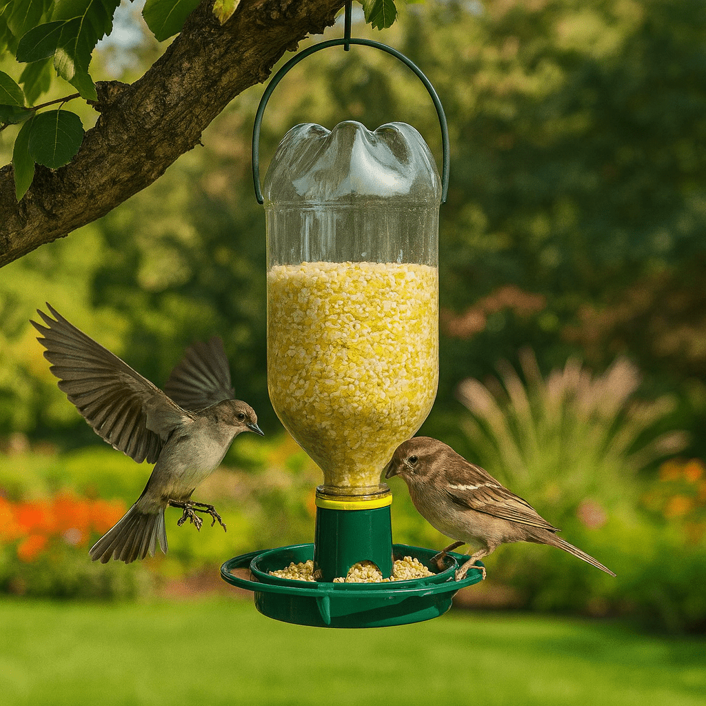 RECYFEED – Ecological outdoor bird feeder with automatic recycling bottle system