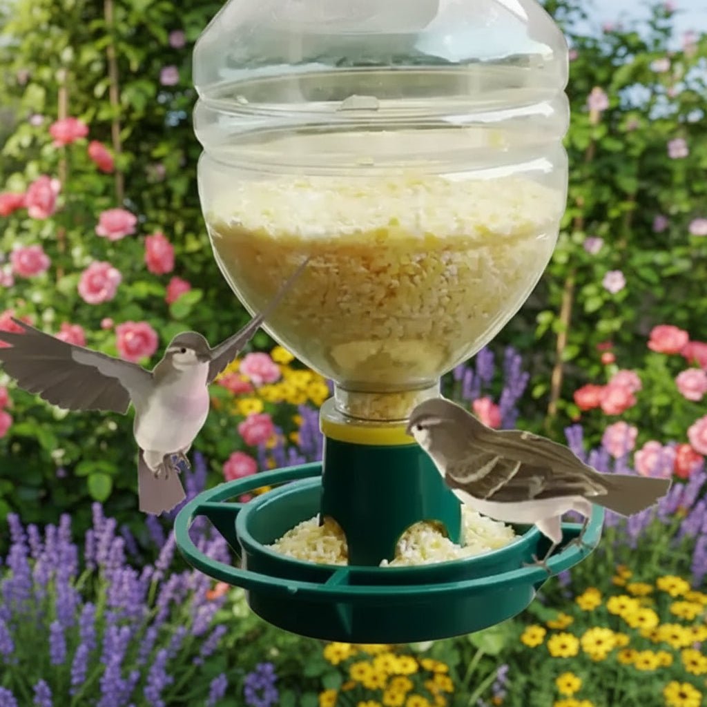 RECYFEED – Ecological outdoor bird feeder with automatic recycling bottle system