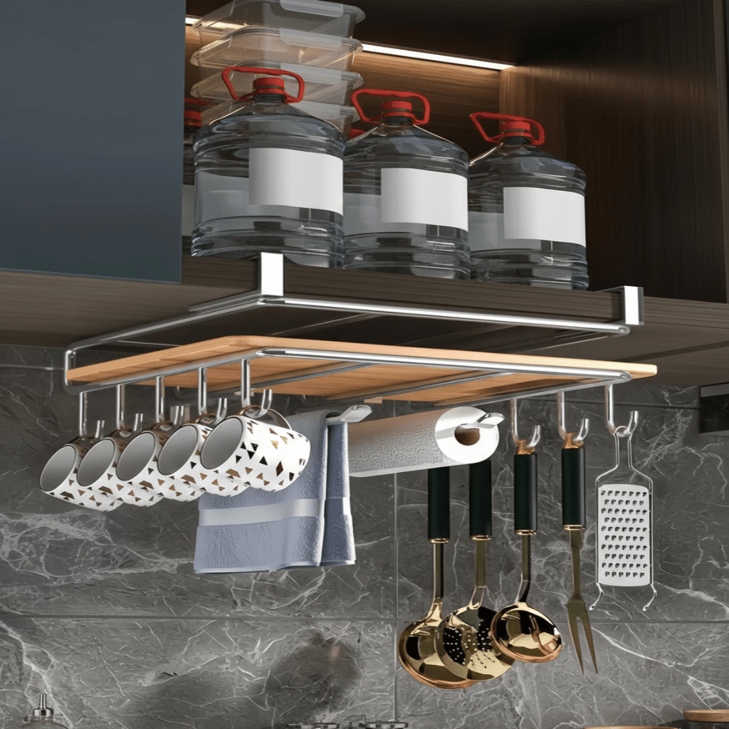 STEELSHELF – Stainless steel kitchen wall shelf with hooks for more order