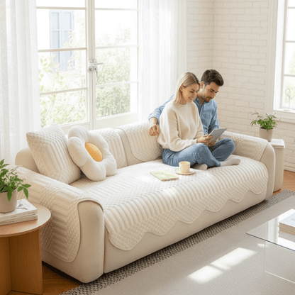 PLUSHCREAM – Thick Tuft Fleece Sofa Cover for Warm Winter Coziness