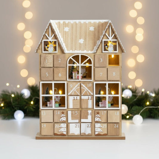 XMASCOTTAGE – Illuminated Wooden Advent Calendar for Festive Home Decor
