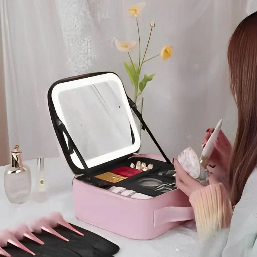 Mirrorglam - Make-up bag with LED mirror - Portable make-up bag with light & storage space for perfect styling on the go