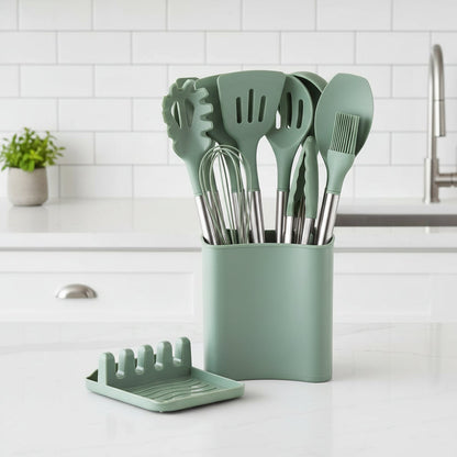 UTENSIVIA – Heat-resistant 11-piece kitchen tool set with wood handle look