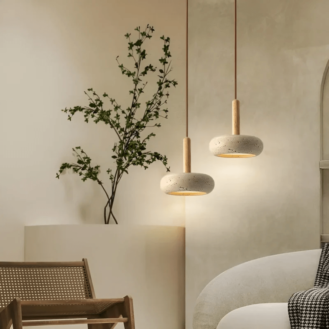 TranquilHalo – LED Retro Ceiling Light made of Wood & Stone for a calming ambiance