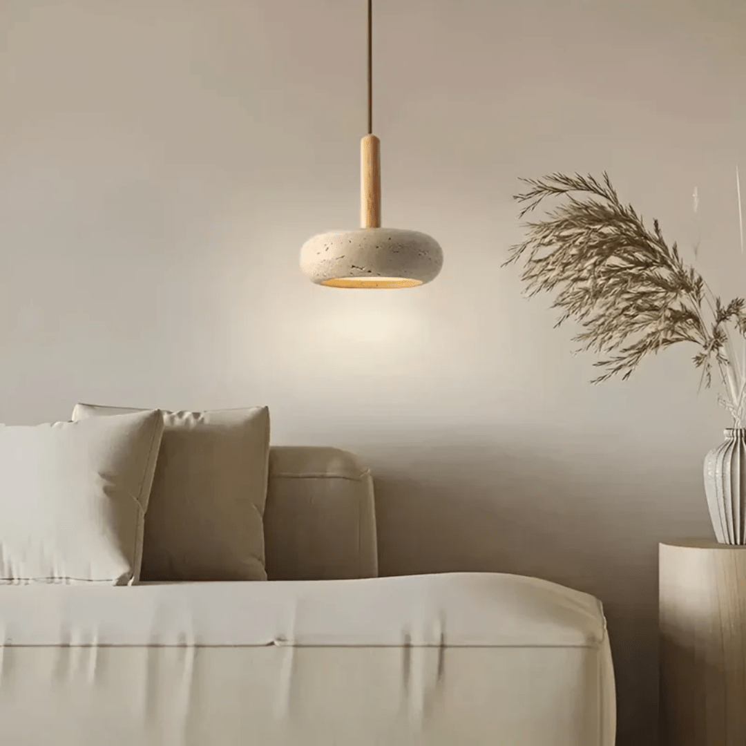 TranquilHalo – LED Retro Ceiling Light made of Wood & Stone for a calming ambiance