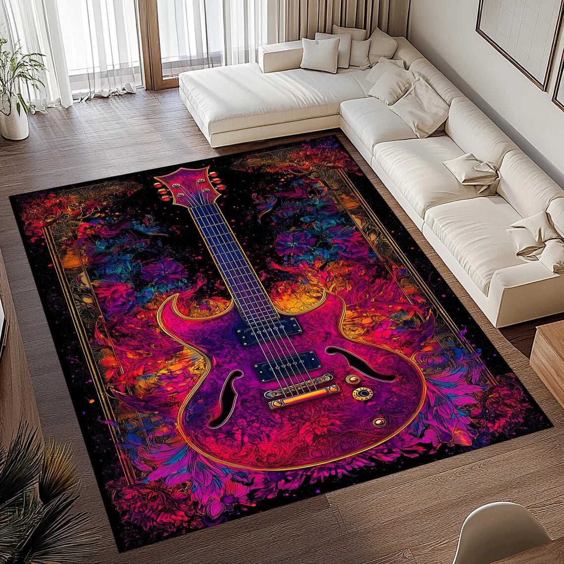 SOFTVINTAGE – Vintage Guitar Print Area Rug made of Soft Flannel Non-Slip for Home Decor