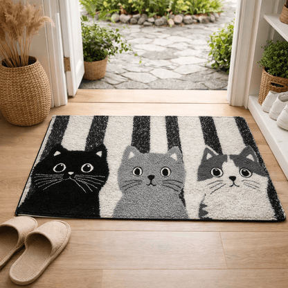 MIAUMAT – Striped Cartoon Cat Doormat for Indoor and Outdoor Use