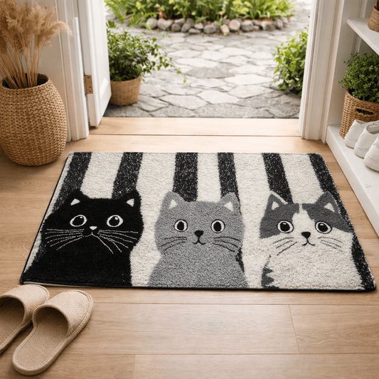 MIAUMAT – Striped Cartoon Cat Doormat for Indoor and Outdoor Use