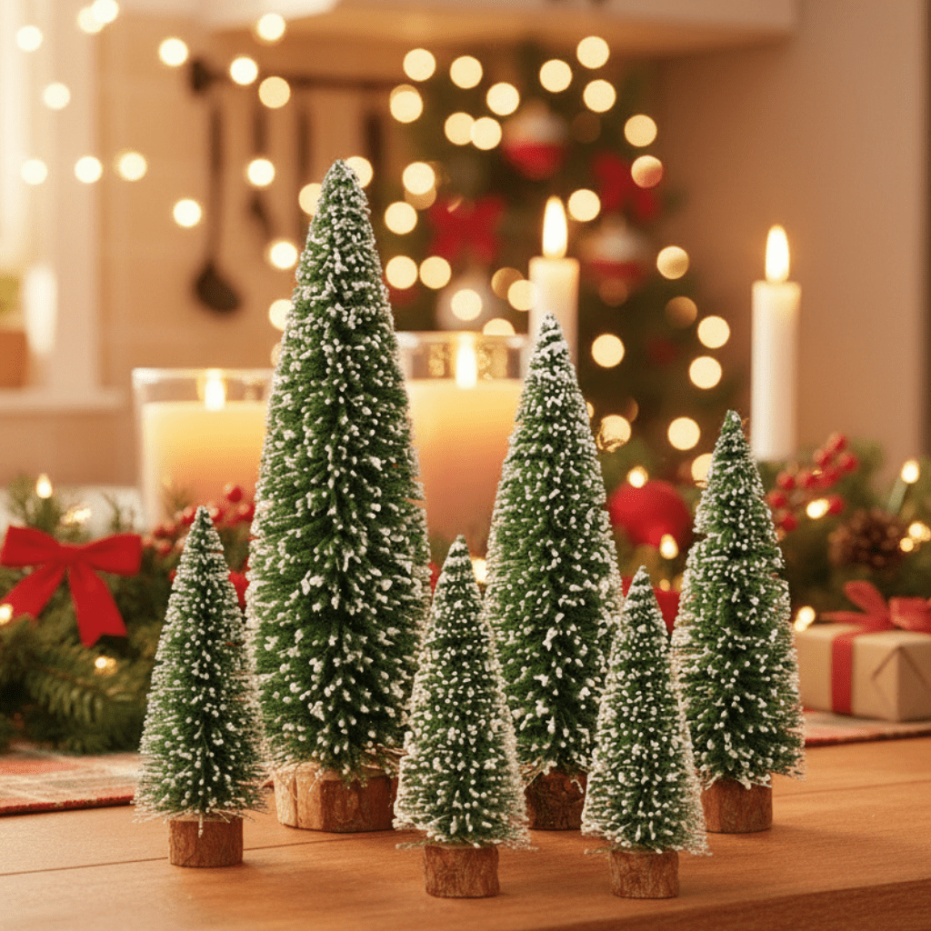 SNOWPINE BRUSH – Flocked Mini Fir Set (5 Pieces) for Christmas Decoration