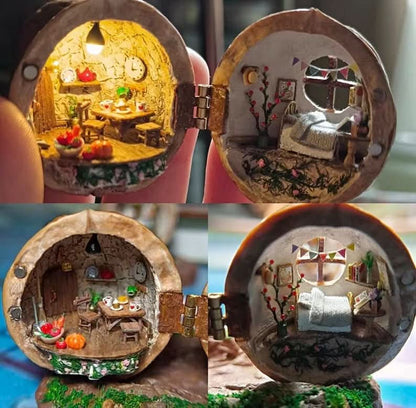 WALDWHISPER – Handmade dollhouse made from walnut shells with interior lighting