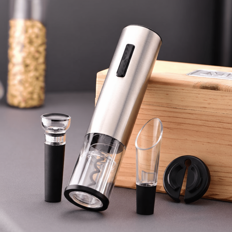 Vinolux - 4-in-1 electric wine opener - corkscrew with pourer, foil cutter & vacuum stopper for effortless wine enjoyment