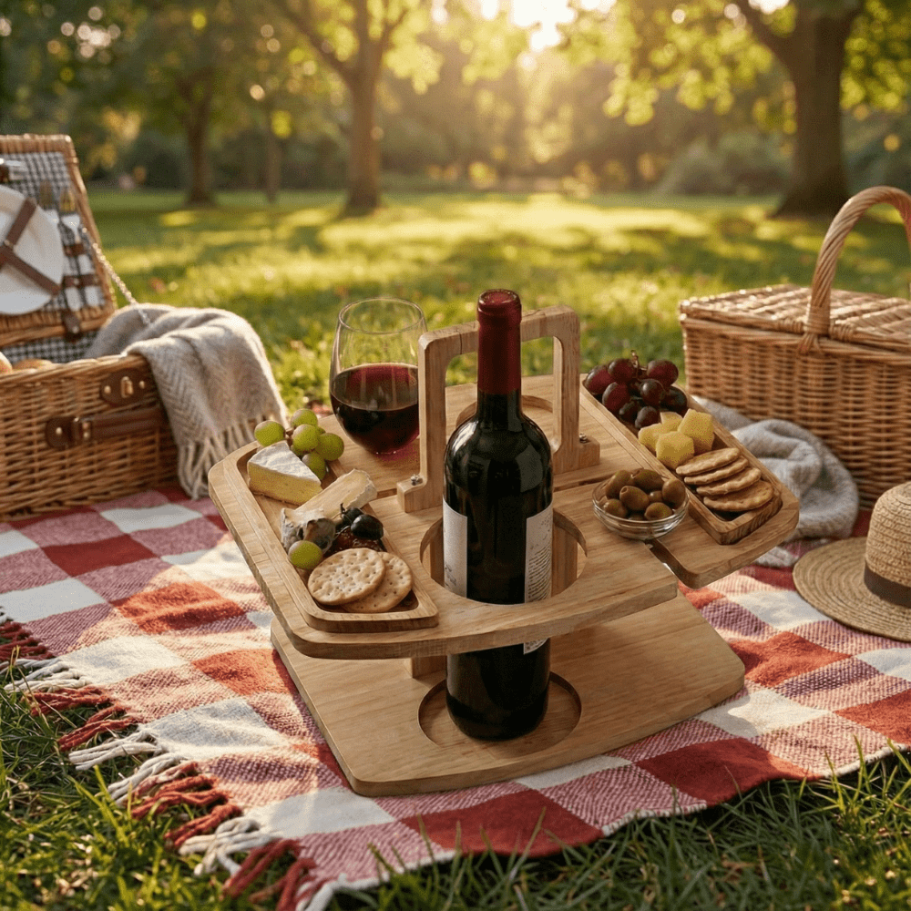 COUNTRYPLATE – Wooden picnic table with divided compartments for special wine moments