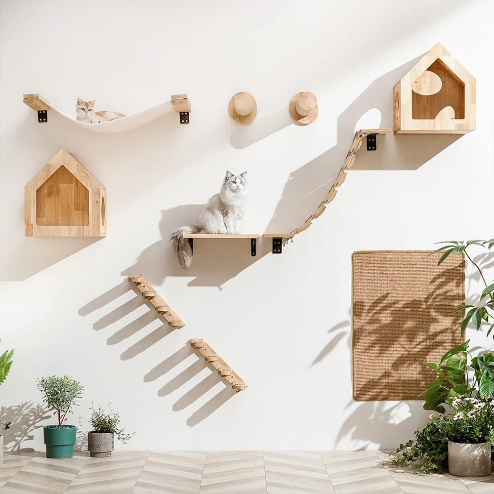 PINEPAWLOFT – Cat wall shelves made of natural wood with cozy fabric padding