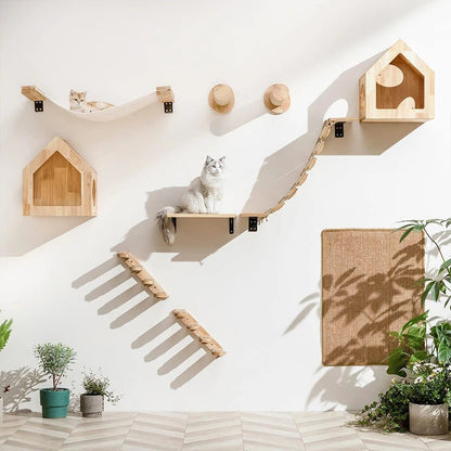 PINEPAWLOFT – Cat wall shelves made of natural wood with cozy fabric padding