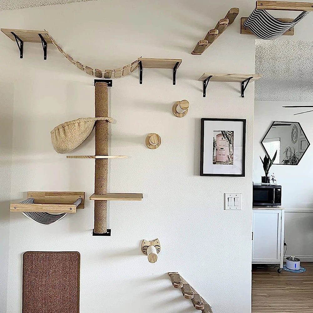 PINEPAWLOFT – Cat wall shelves made of natural wood with cozy fabric padding