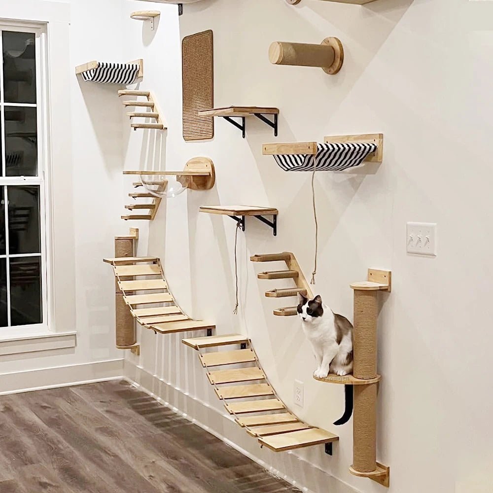 PINEPAWLOFT – Cat wall shelves made of natural wood with cozy fabric padding