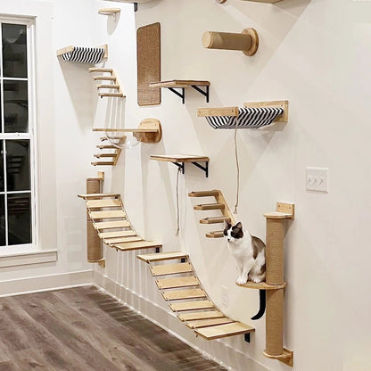 PINEPAWLOFT – Cat wall shelves made of natural wood with cozy fabric padding