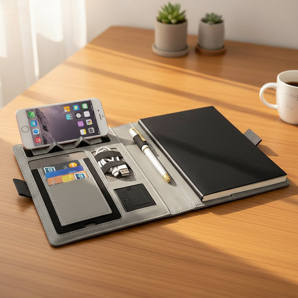 ENERGIEFOLIO – A5 Leather Notebook with Wireless Charging Function
