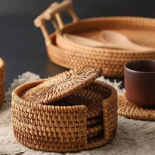 RATTANCRAFT – Elegant Coaster Set Made of Rattan Weave, 6 Pieces, Non-Slip Drink Coasters
