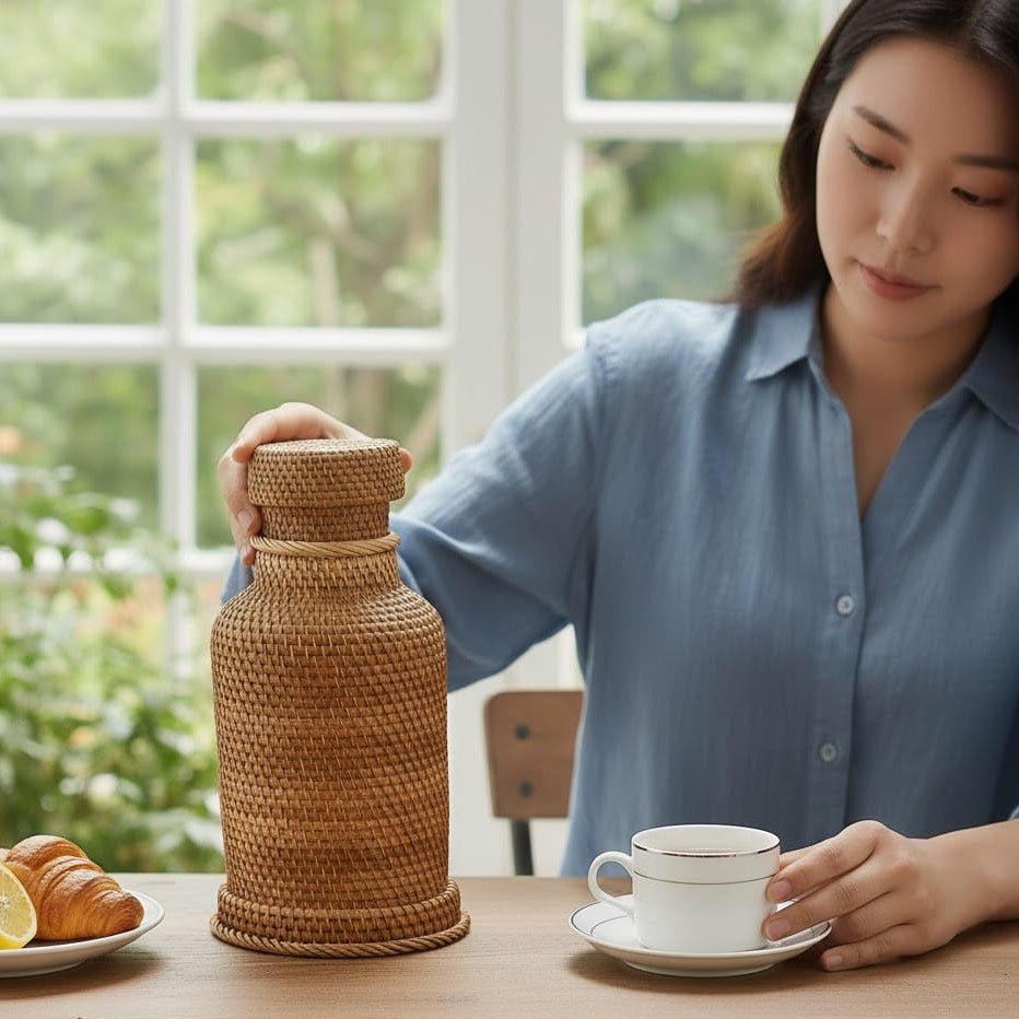 VINTAJUG – 1L insulating rattan thermos jug for hot & cold drinks